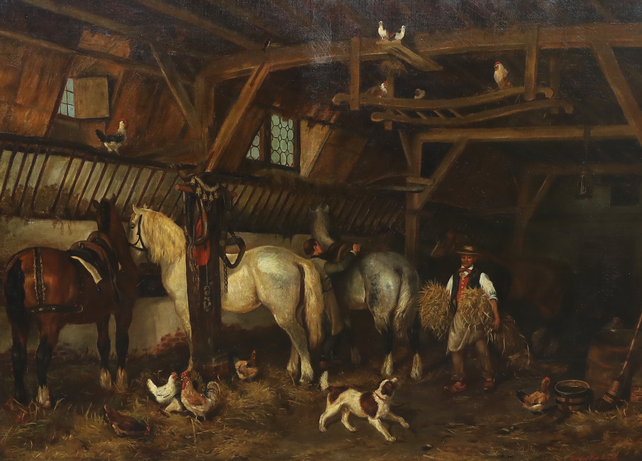 Jean-Louis van Kuyck , (Belgian, 1821-1871), Stable interior, with grooms horses, a dog and chickens, oil on canvas, 79 x 109cm